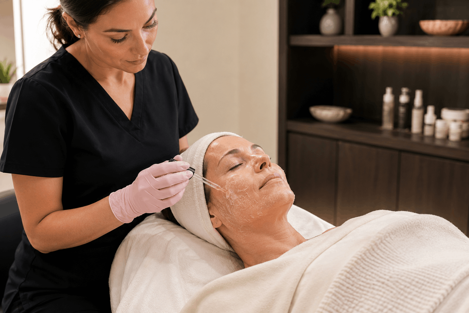 aesthetic provider applying a professional chemical peel treatment to a patient's face.