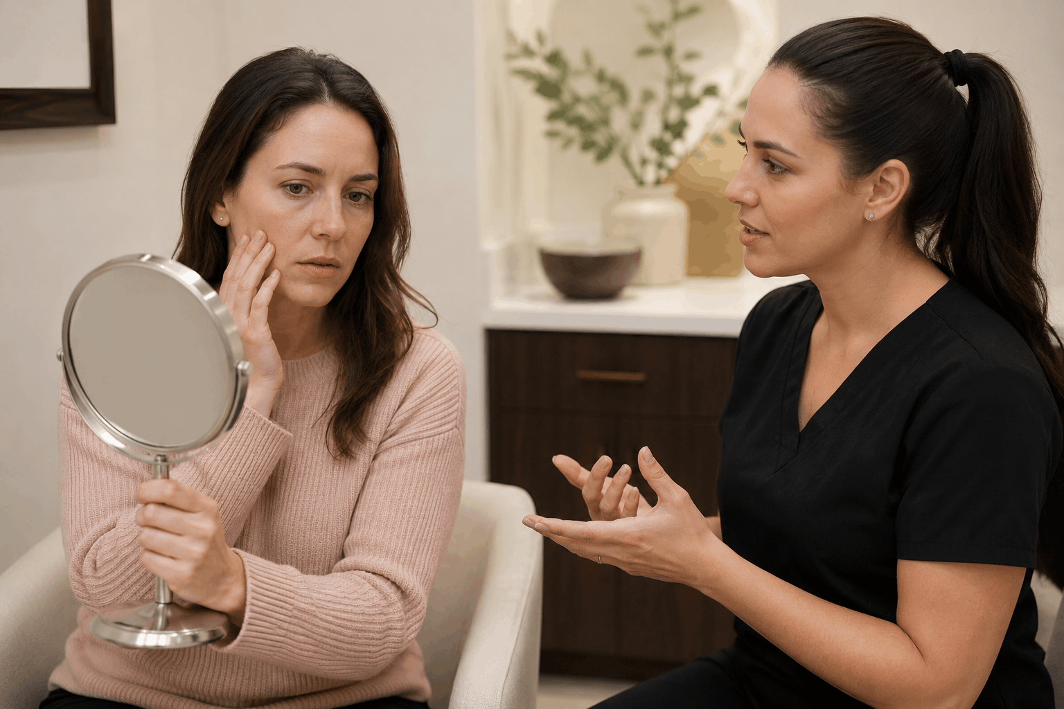 patient examining facial skin in a mirror while discussing concerns with an aesthetic provider.
