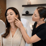 Aesthetic provider discussing facial skin concerns with a patient using a handheld mirror during a consultation.