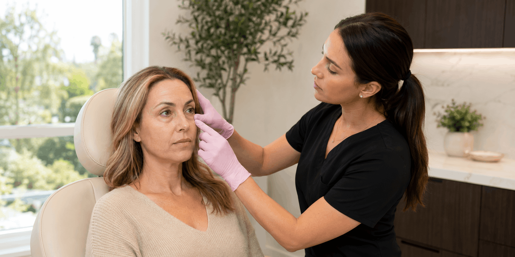 provider evaluating the under-eye area during a facial rejuvenation consultation.