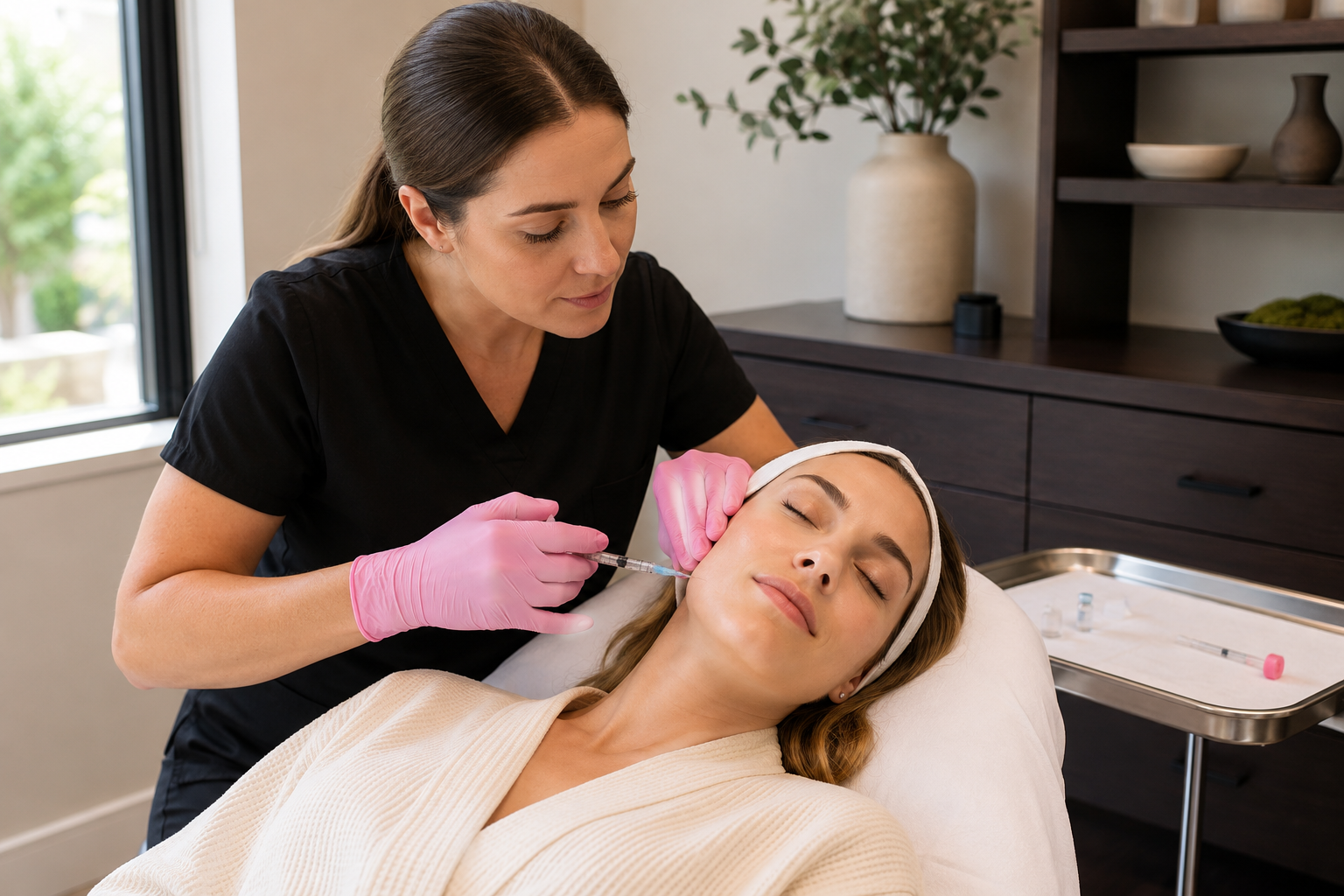provider assessing patient's lower leg during a cosmetic consultation