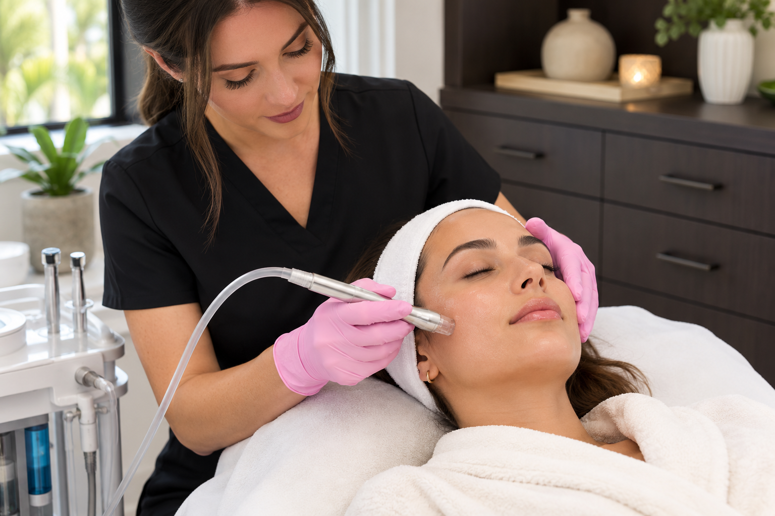 provider performing a hydrafacial-style skin rejuvenation treatment