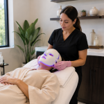 Patient receiving LED light therapy facial treatment at a medical spa
