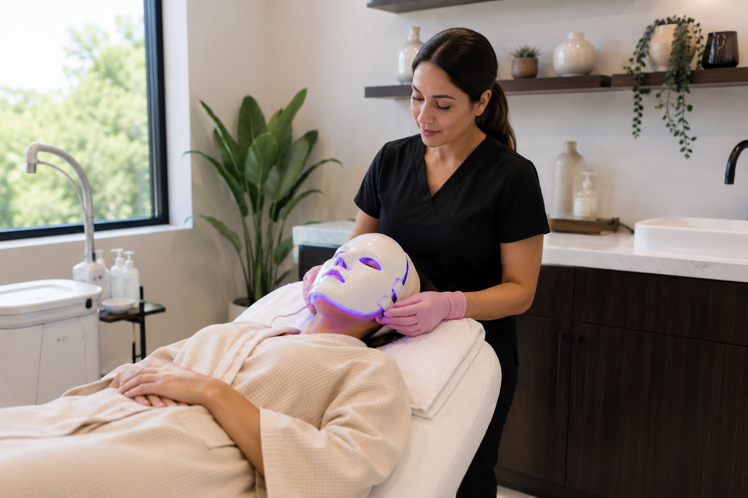 patient receiving led light therapy facial treatment at a medical spa