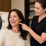 Patient smiling at cosmetic treatment results in mirror with aesthetic provider
