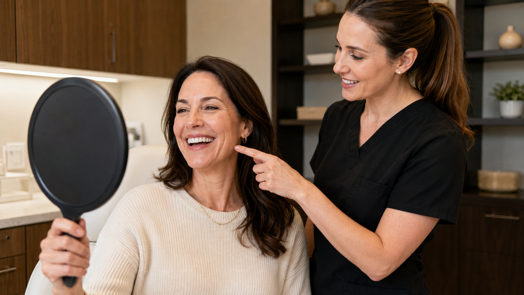 patient smiling at cosmetic treatment results in mirror with aesthetic provider