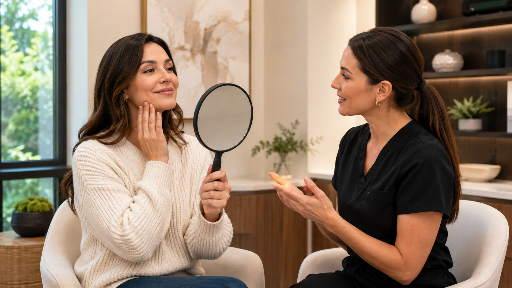 patient examining her jawline in mirror while consulting with aesthetic provider