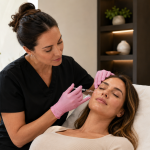 Aesthetic provider performing cosmetic injection near patient’s under-eye area