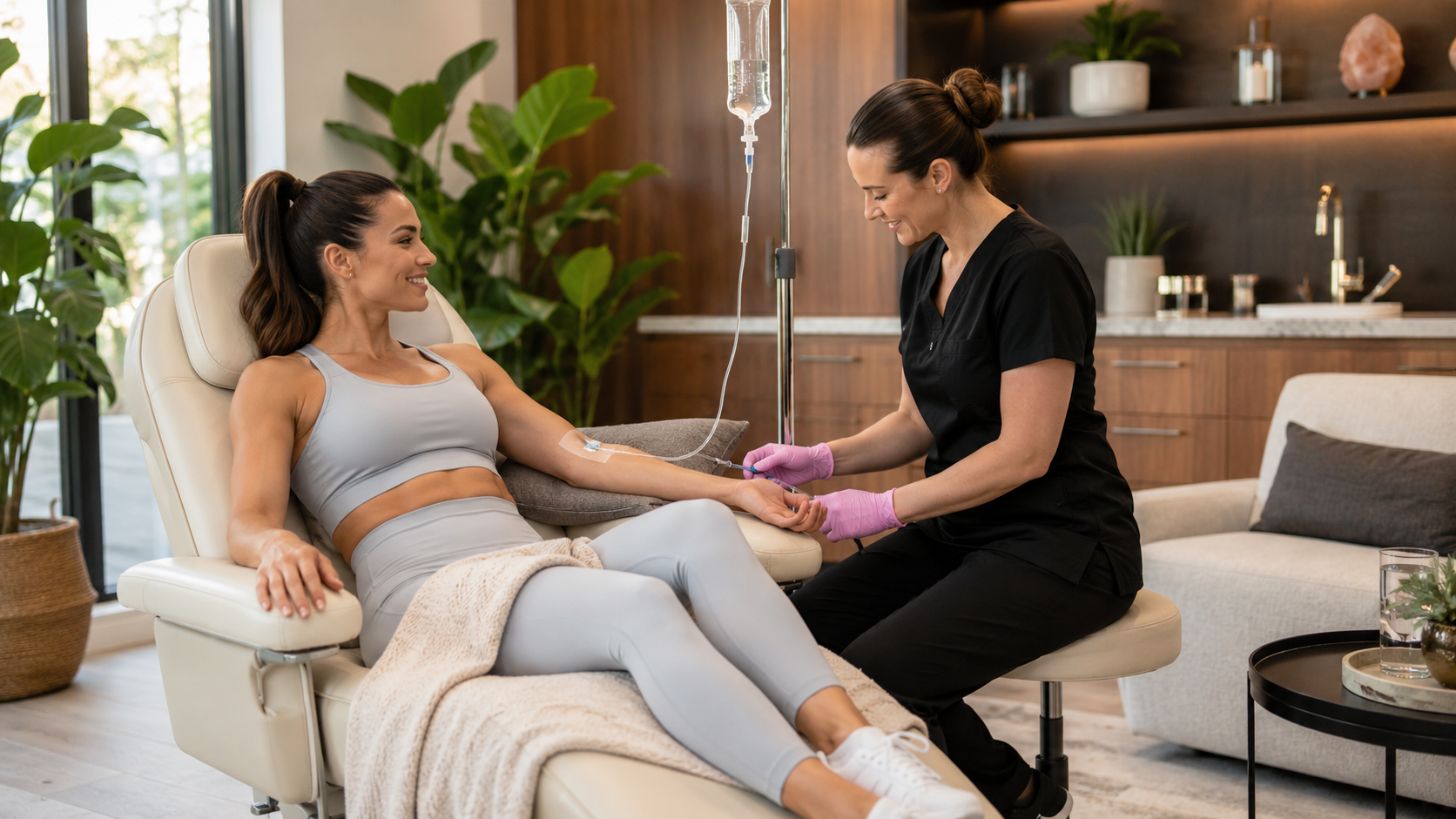 patient receiving iv therapy while relaxing with wellness provider