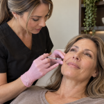 Aesthetic provider administering cosmetic filler injection to woman’s cheek