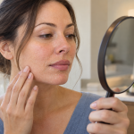 Close-up of woman examining dry flaky skin on her cheek in a mirror