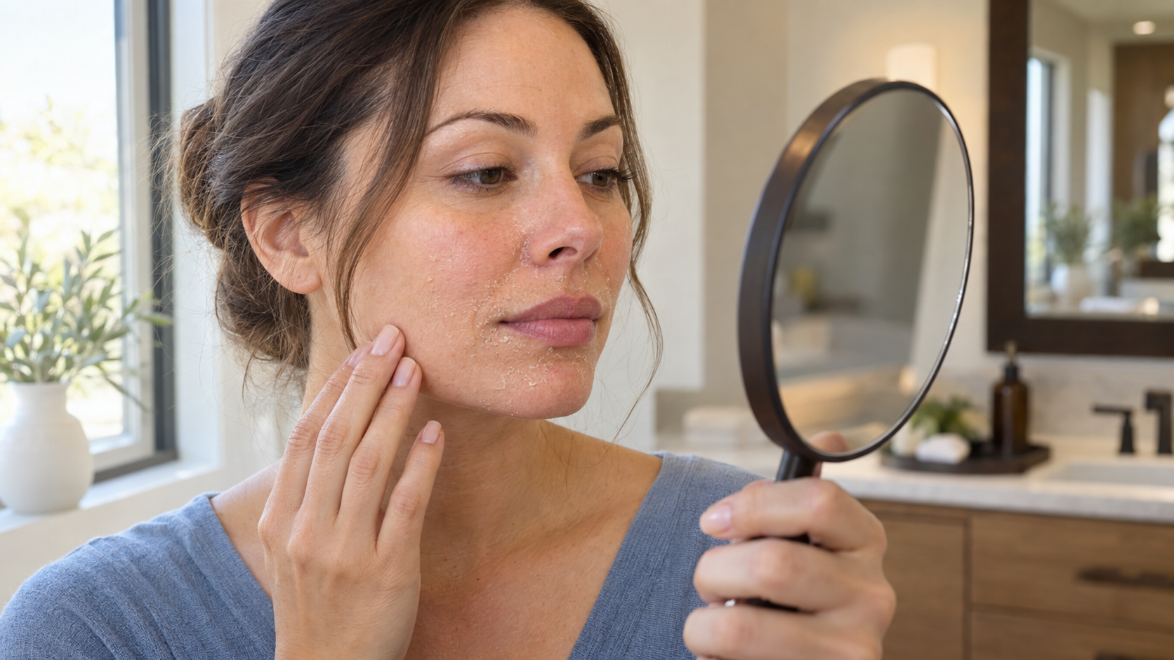 close-up of woman examining dry flaky skin on her cheek in a mirror