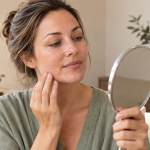 Woman examining dry peeling facial skin in a handheld mirror