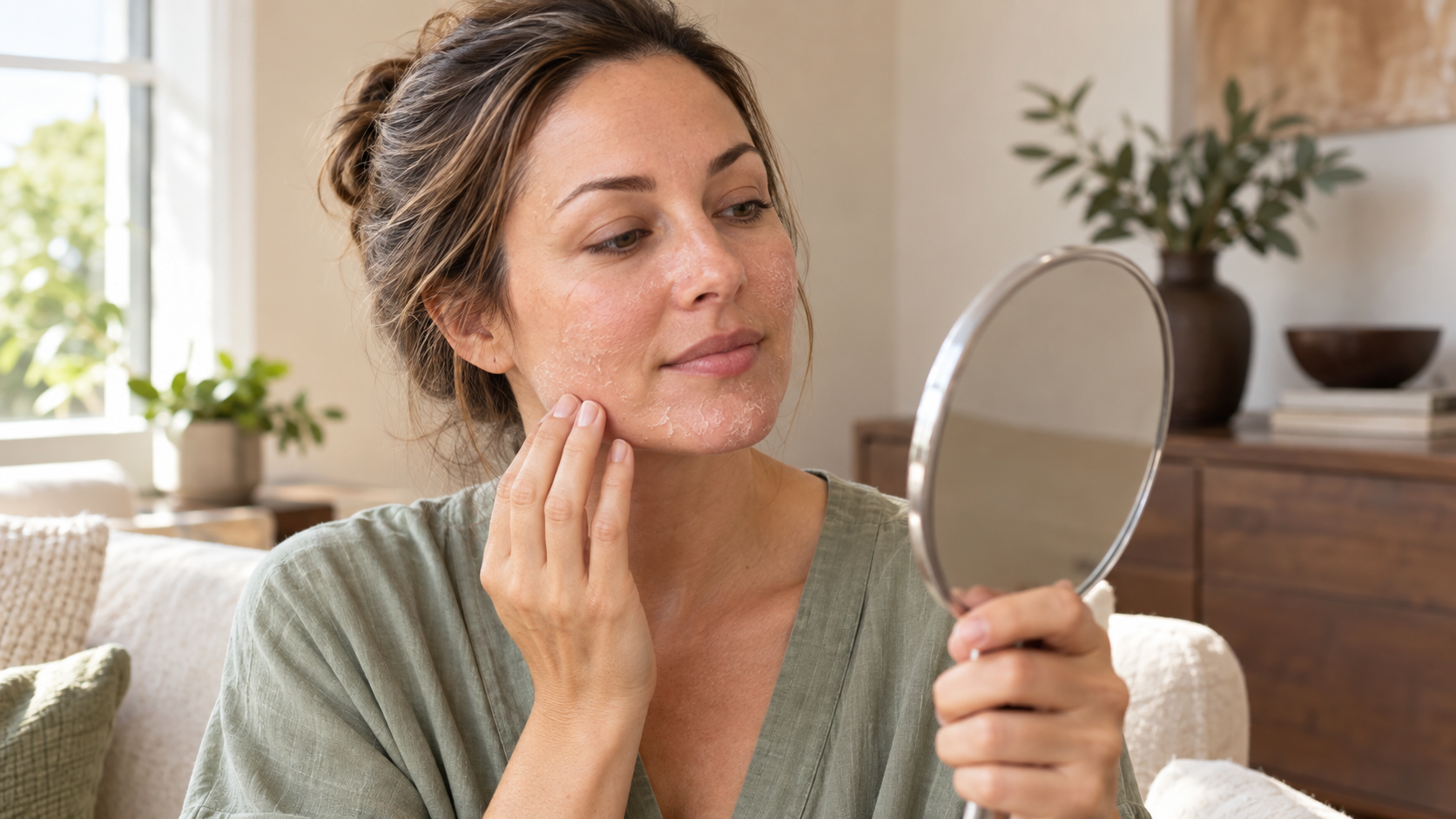 woman examining dry peeling facial skin in a handheld mirror