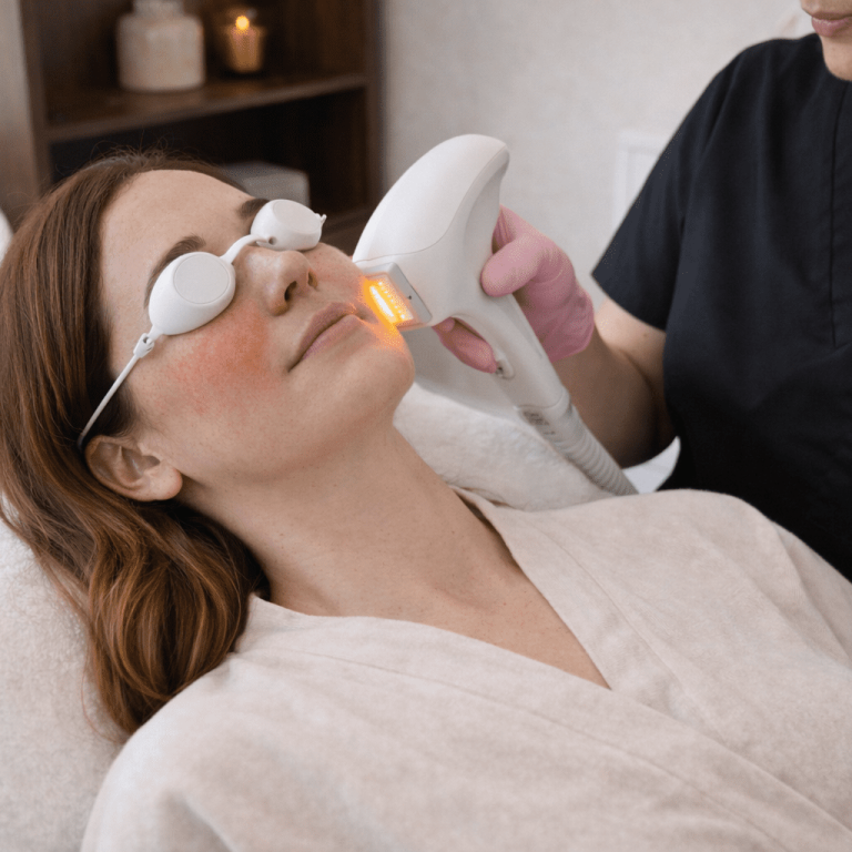 Client receiving IPL light therapy treatment with protective eyewear