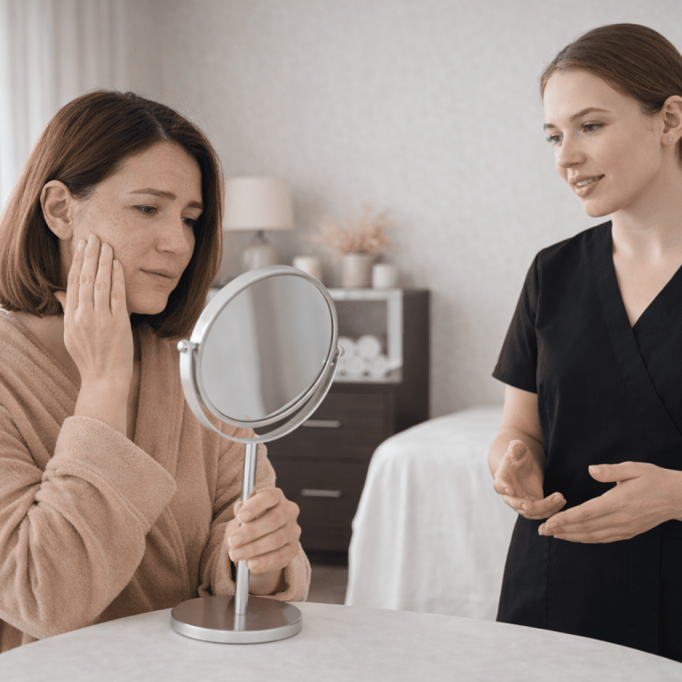 Client examining facial skin while discussing concerns with aesthetic provider