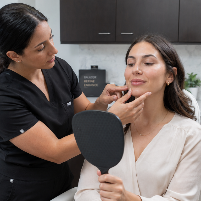 Medical aesthetic provider assessing patient facial structure with handheld mirror