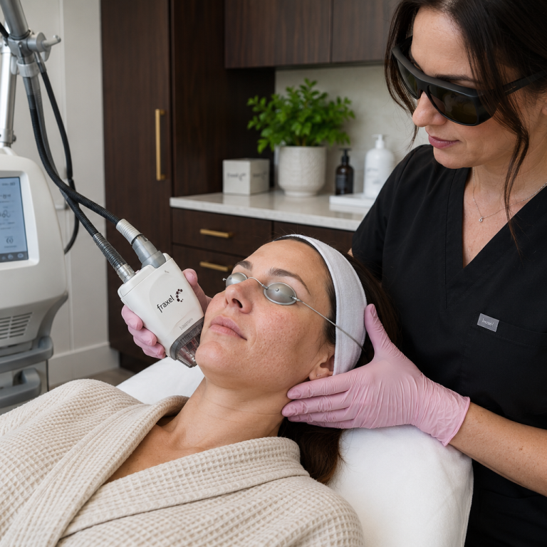 Fraxel laser skin resurfacing treatment being performed by medical aesthetic provider