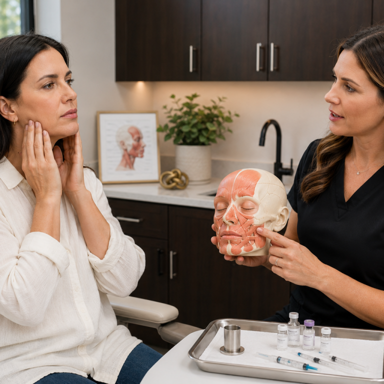 Cosmetic injector explaining facial anatomy and injectable treatment areas to patient
