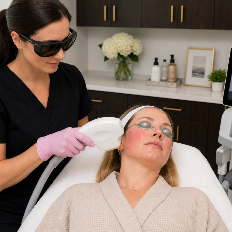 Laser skin resurfacing treatment being performed on patient in med spa clinic