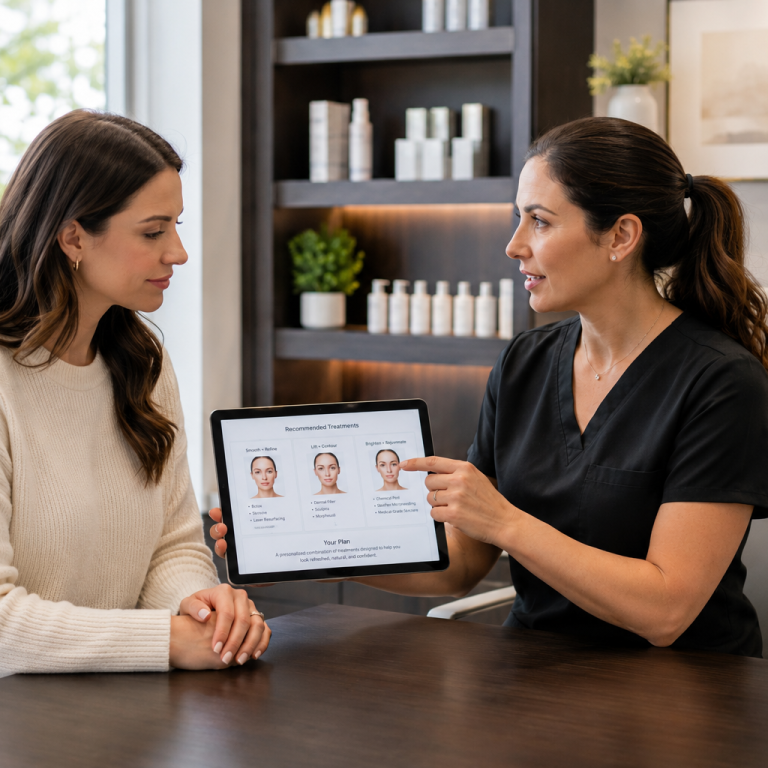 Aesthetic provider reviewing personalized skincare treatment plan on tablet with patient
