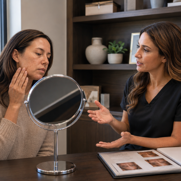 Patient discussing facial skin concerns with aesthetic provider during consultation