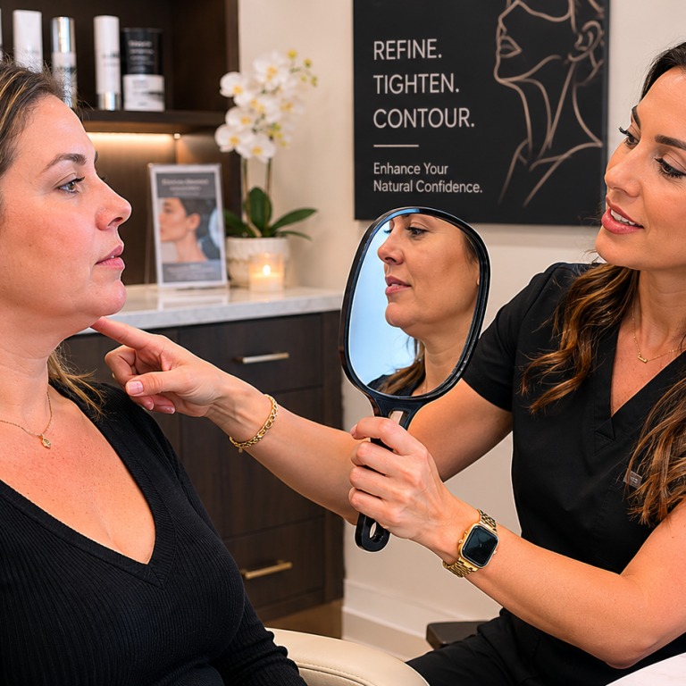 Aesthetic provider evaluating jawline and skin tightening results with patient