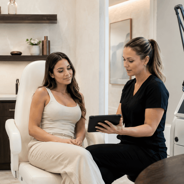 Patient and aesthetic provider reviewing treatment options in a medical spa setting.