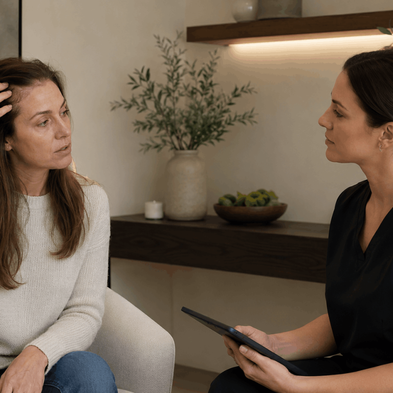 Patient discussing hair thinning concerns with a provider during a wellness consultation.