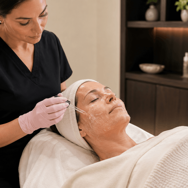Aesthetic provider applying a professional chemical peel treatment to a patient's face.