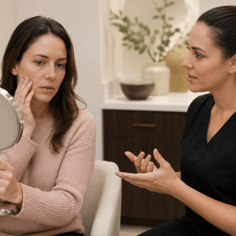 Patient examining facial skin in a mirror while discussing concerns with an aesthetic provider.