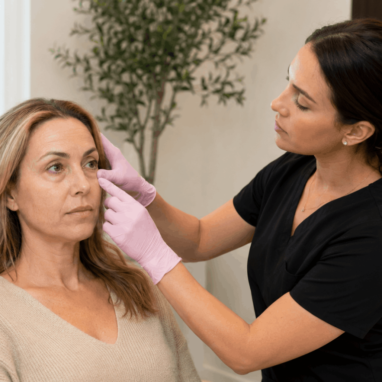 Provider evaluating the under-eye area during a facial rejuvenation consultation.