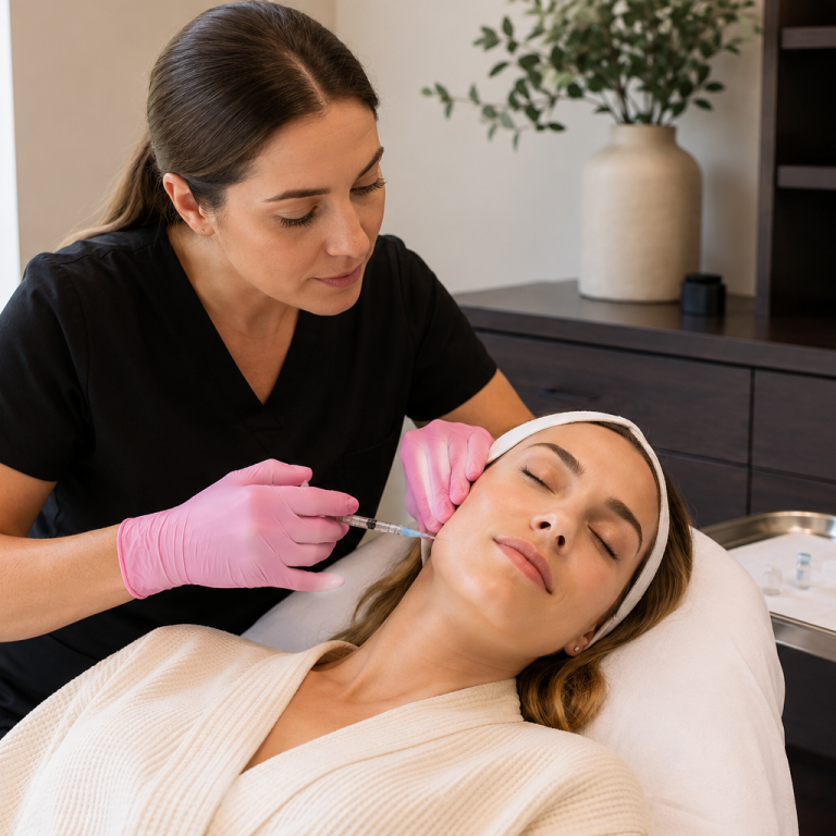 Provider assessing patient's lower leg during a cosmetic consultation