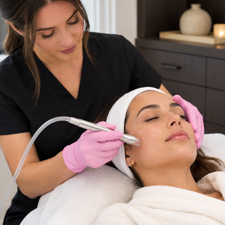 Provider performing a Hydrafacial-style skin rejuvenation treatment