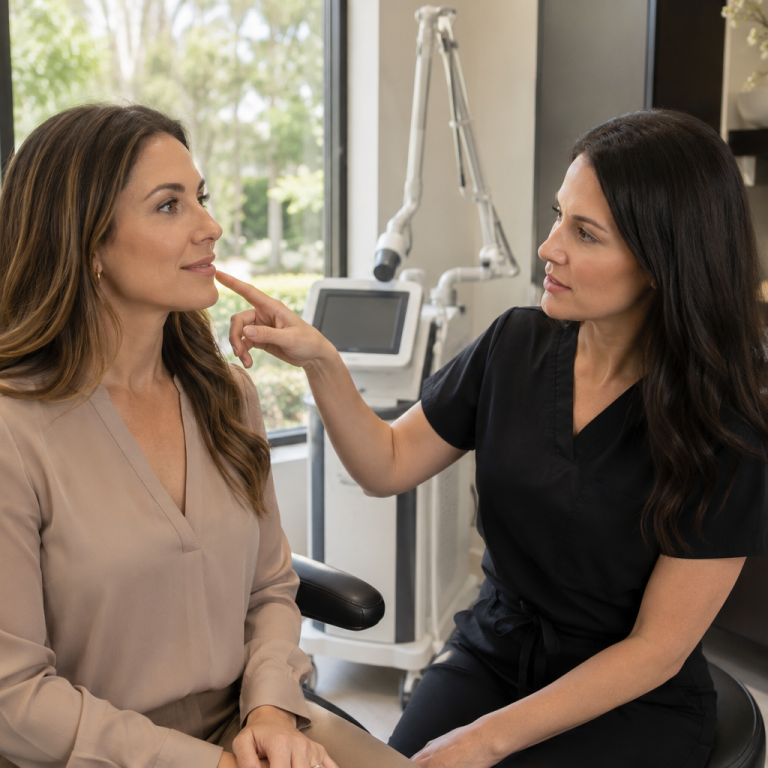 Provider explaining cosmetic injectable treatment options to patient
