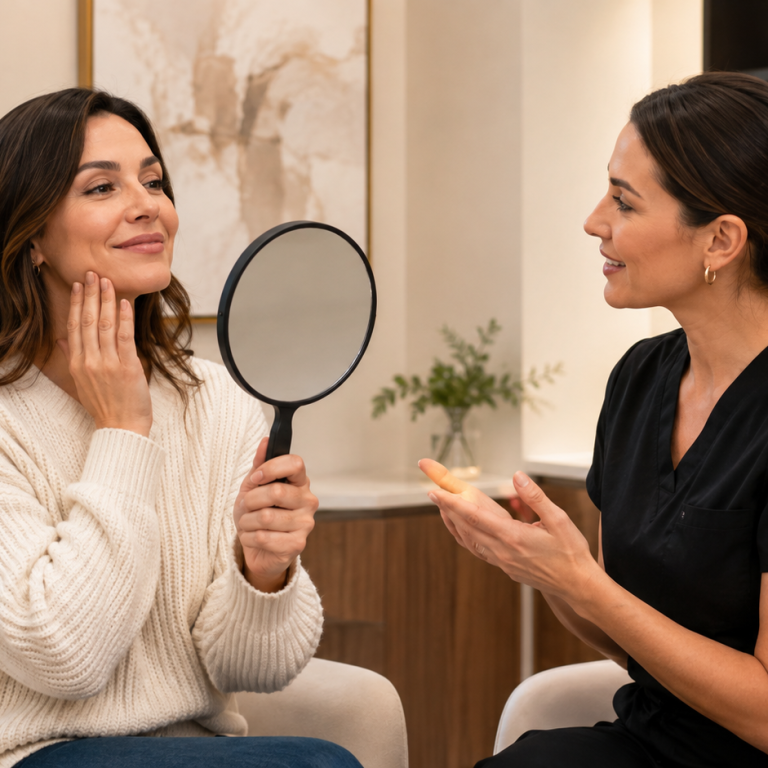 Patient examining her jawline in mirror while consulting with aesthetic provider