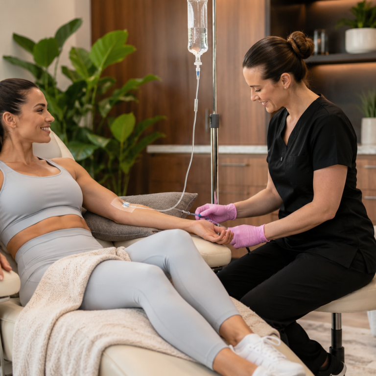 Patient receiving IV therapy while relaxing with wellness provider
