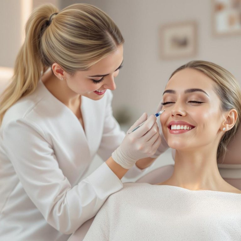 a female practitioner in a white coat carefully injecting a filler under the eye of a relaxed and happy patient in a bright modern clinic showcasing the effectiveness of under eye filler