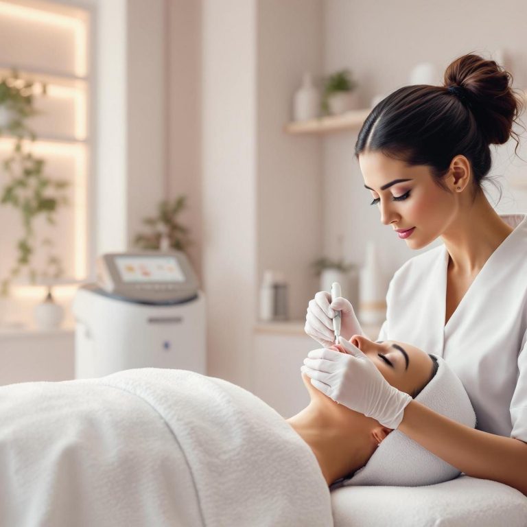 a practitioner using a precision tool on a patients face in a modern high tech skincare treatment room explaining the science behind collagen stimulation